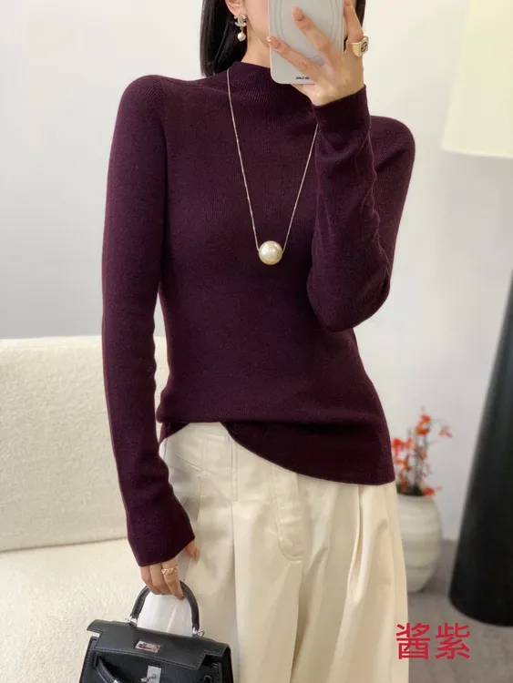 无缝精纺100%纯羊毛衫女半高领可机洗不易起球修身针织衫打底毛衣