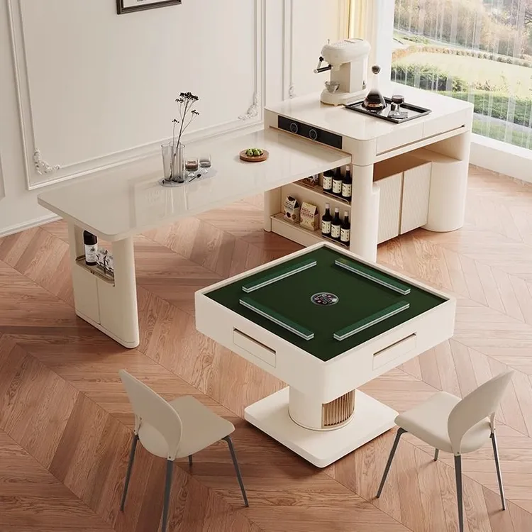 奶油风全自动多功能麻将桌岛台餐桌两用一体家用可伸缩轻奢高级感