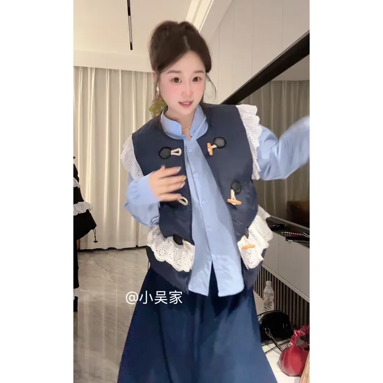 「小吴家」韩系简约蕾丝拼接马甲➕衬衫➕半身裙秋冬季显瘦叠穿三件套