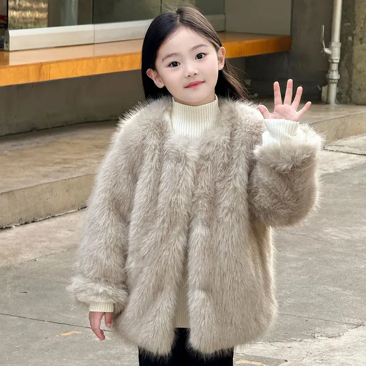 双色女童皮草外套秋冬装新款宝宝毛毛大衣小女孩毛绒棉衣加绒加厚