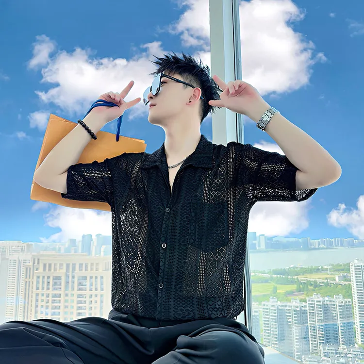 男士短袖衬衫夏季2025新款男生上衣痞帅男装衣服镂空薄款休闲衬衣