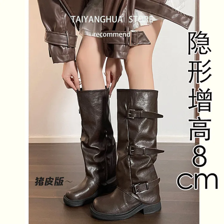 真皮版~8CM内增高长筒骑士靴女秋美拉德褶皱裤管靴棕色内增高鞋子