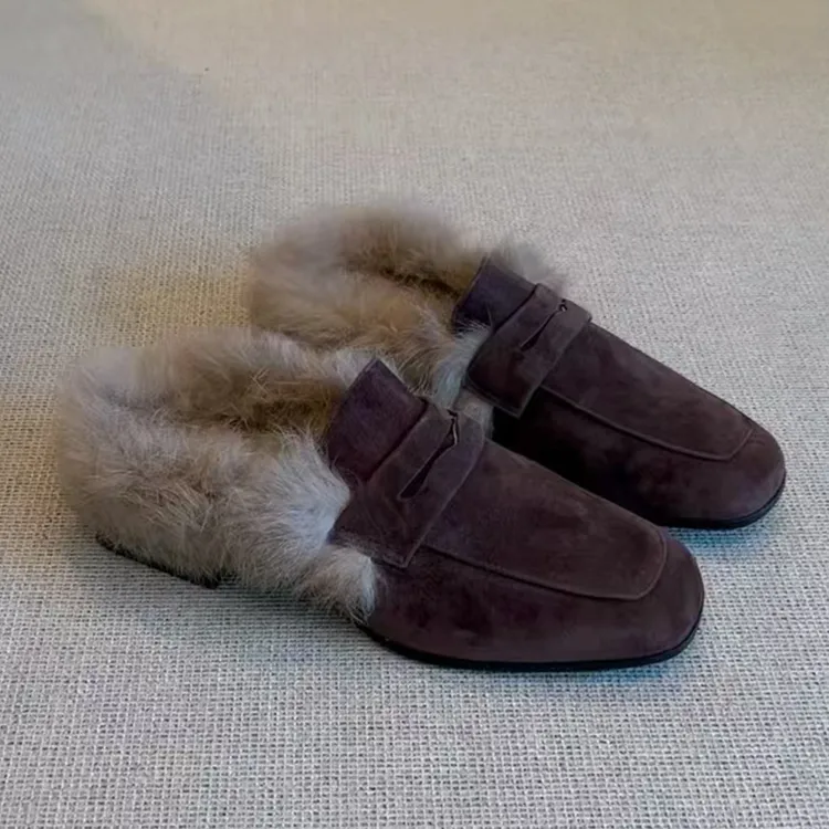 2025秋冬新款美拉德松弛感一脚蹬方头乐福包头鞋女新款加绒毛毛鞋