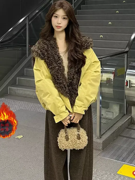 时尚休闲大毛领工装羽绒棉服女2025冬季新款宽松保暖派克服短外套