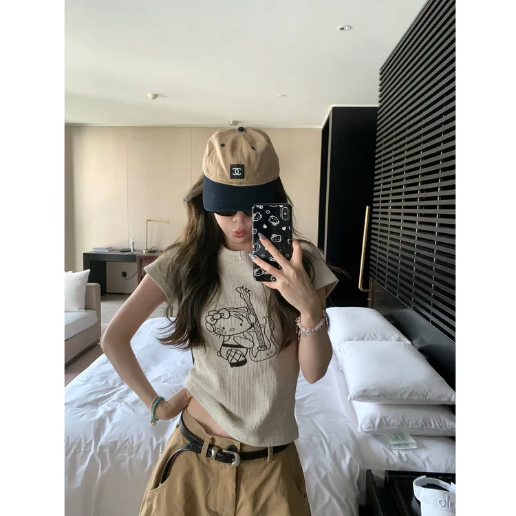 美式复古朋克小猫印花正肩短袖T恤女夏季显瘦设计感甜辣短款上衣