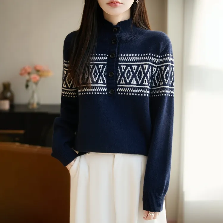 动感哥弟新款半开领提花套头针织衫2025冬季时尚洋气百搭长袖上衣