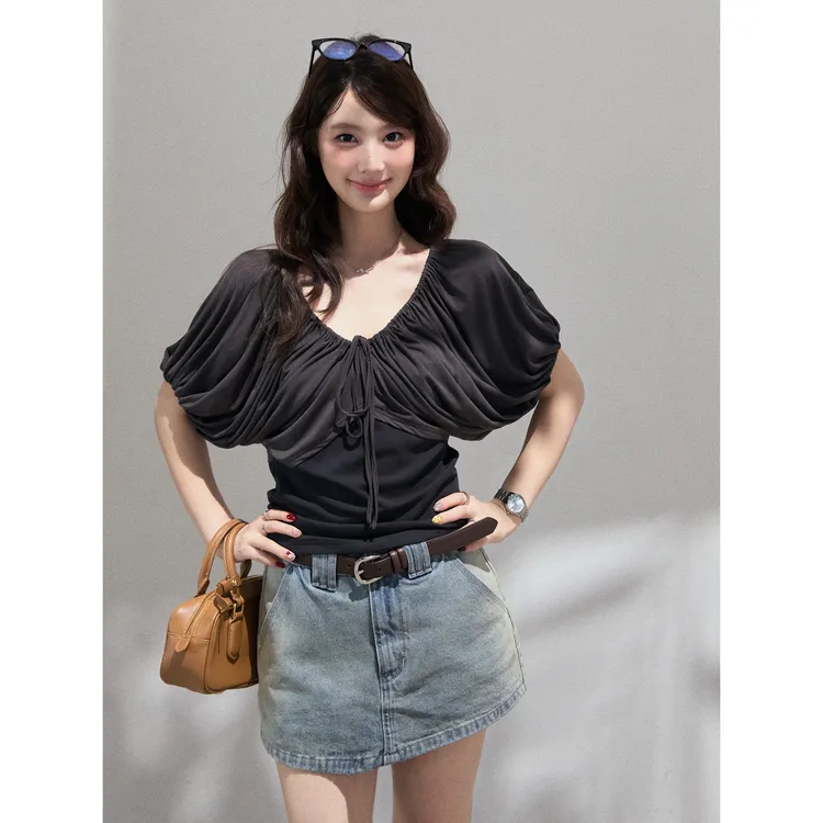 【谢不肉】V领拼接褶皱绑带短袖T恤女夏韩版休闲宽松显瘦上衣5982