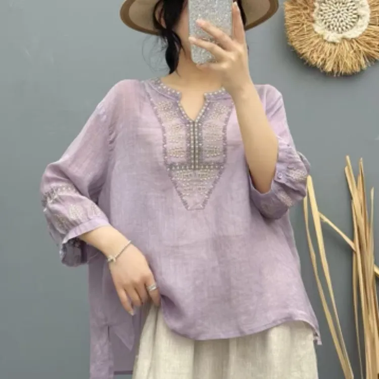 苎麻100%款刺绣棉麻衬衫衬衫时尚复古女装文艺上衣百搭FX