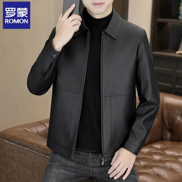 Romon/罗蒙2025新款翻领男士皮衣皮夹克休闲秋冬修身时尚韩版皮衣