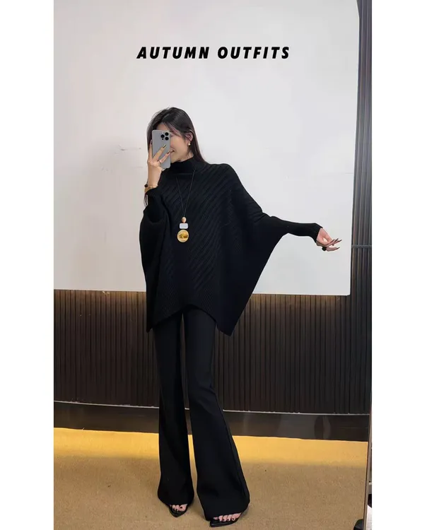 【LIUER】2025新款老钱风松弛半高领冬季高级感蝙蝠袖宽松气质毛衣