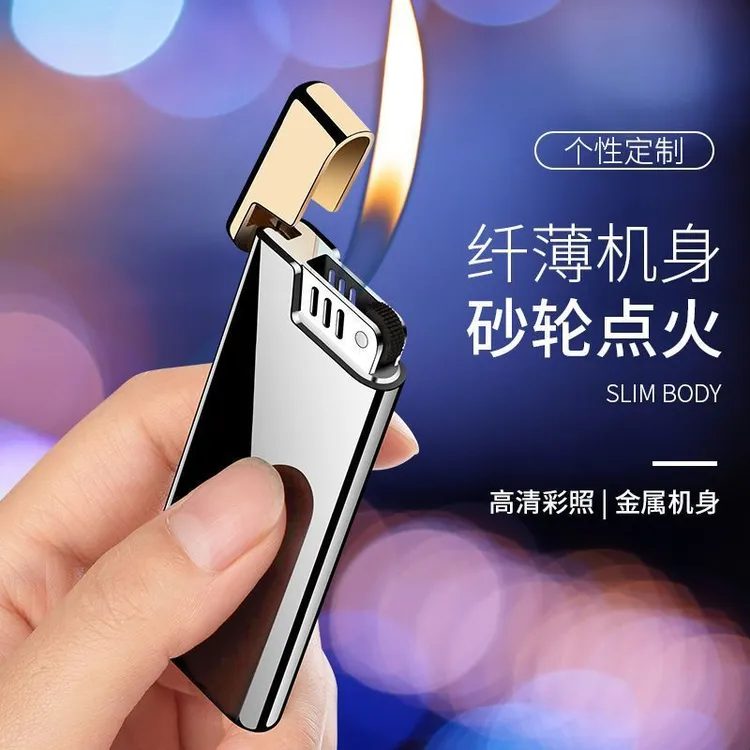 新款超薄金属砂轮明火充气打火机老式复古小巧创意男定制刻字礼物