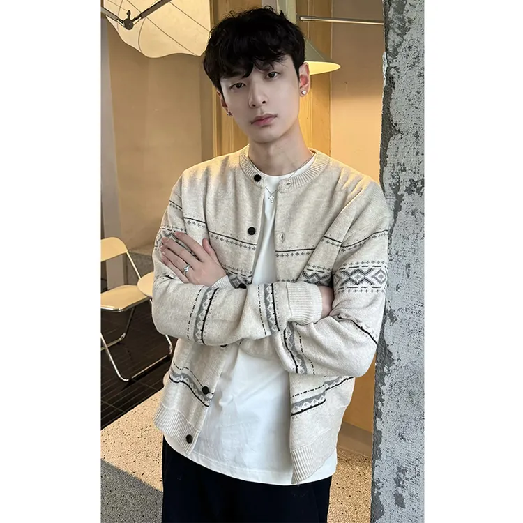 美式复古费尔岛开衫毛衣男秋季高智学院氛围感提花针织衫情侣外套
