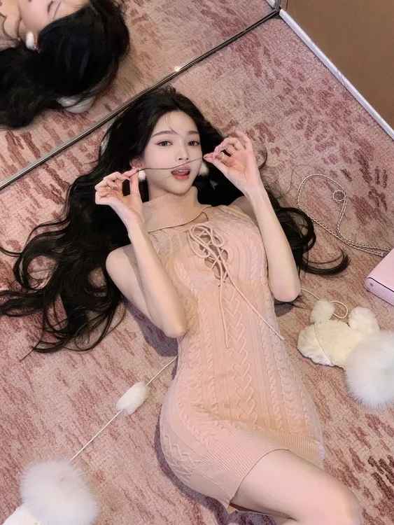 甜心狙击 很嗲很娇法式纯欲绑带镂空针织连衣裙甜美性感包臀短裙