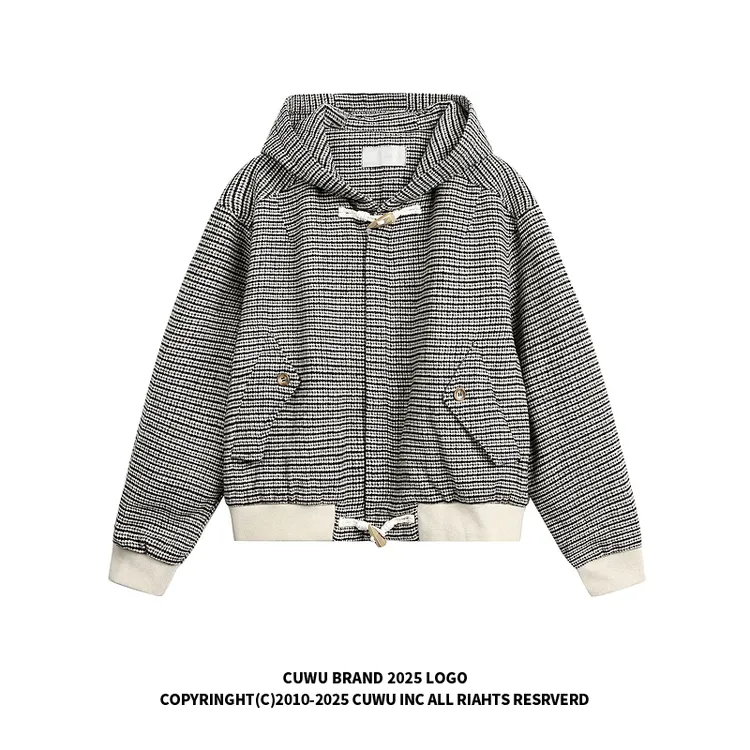 cuwu小香风短款千鸟格连帽夹克女男秋季宽松百搭牛角扣休闲外套潮
