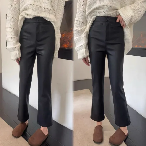 微喇叭直筒裤女冬季新款显瘦百搭加绒皮裤蛋白皮皮U九分裤仿皮裤