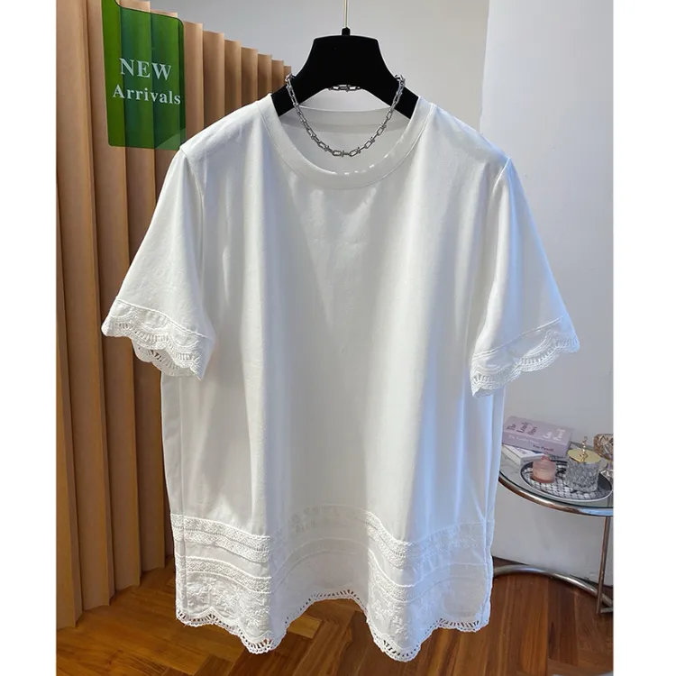独特超好看蕾丝白色短袖T恤打底衫宽松上衣女2025春夏新款棉