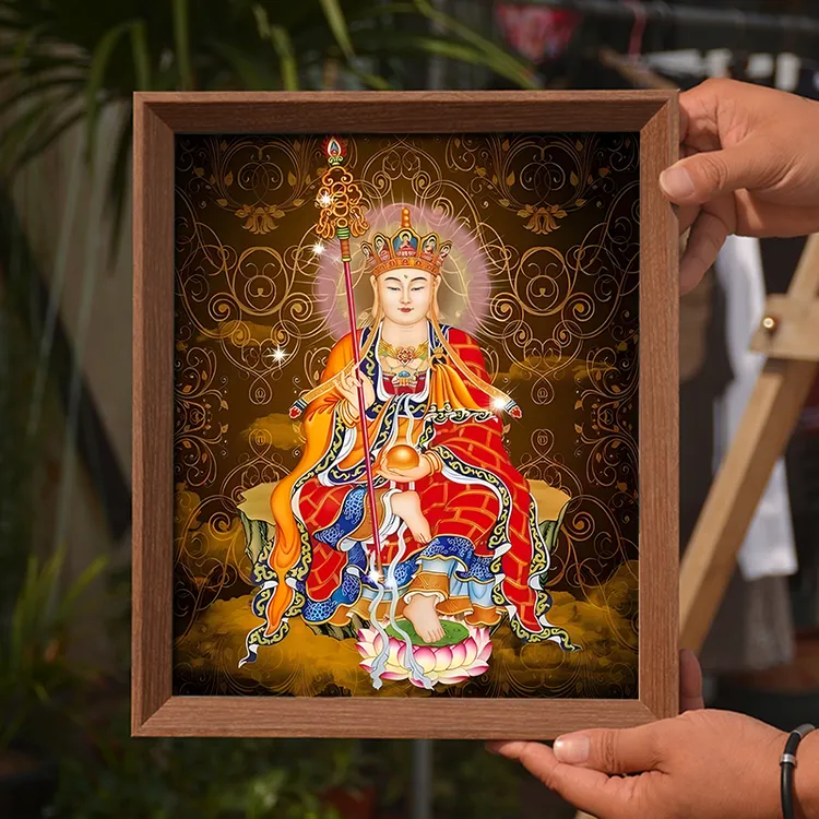 九华山大愿地藏王菩萨神像木质相框摆台家用地藏王佛像摆台供奉画
