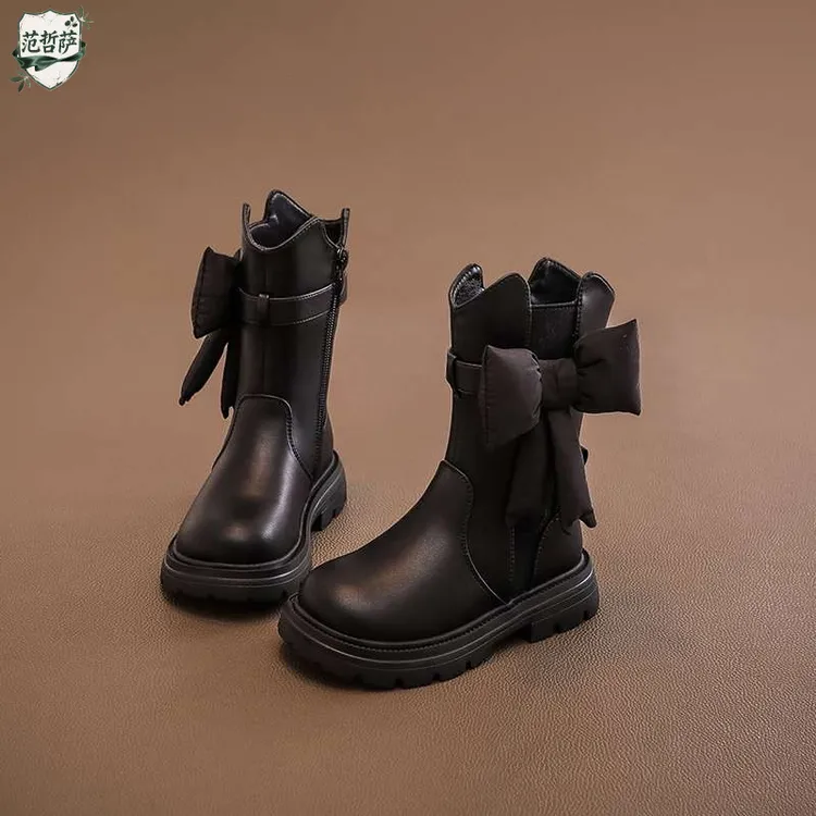 FANZHESA真皮女童鞋子2025秋冬新款儿童长筒靴子加绒冬季马丁中筒