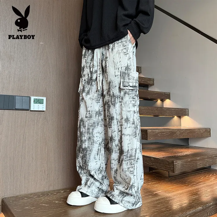 花花公子美式扎染工装长裤男潮流宽松阔腿直筒裤2025垂感运动裤子