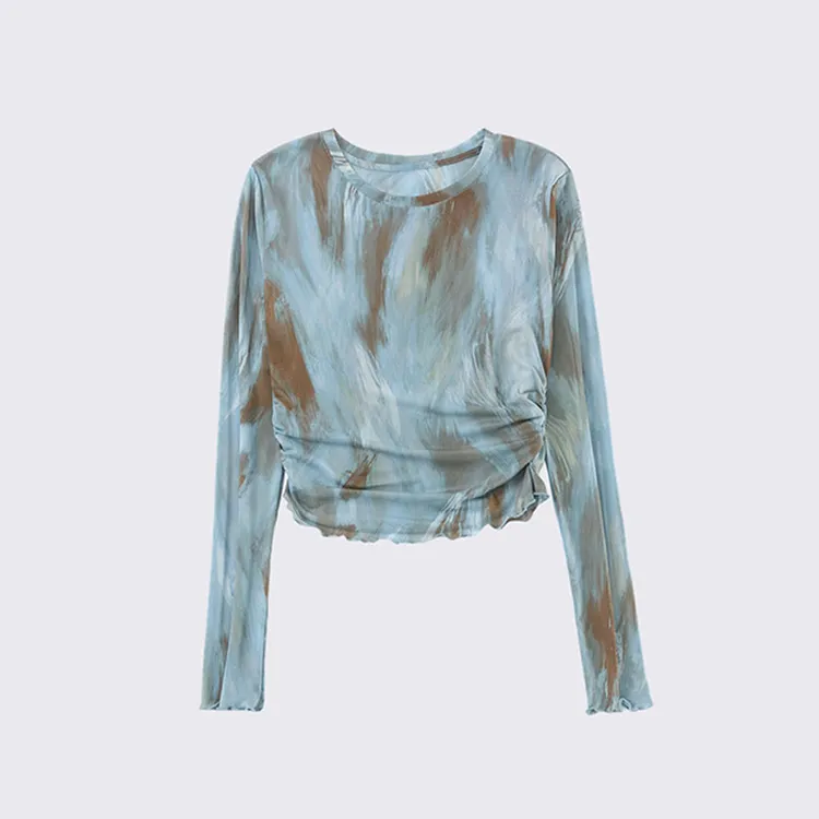 夏季短款长袖防晒衫T恤女2025新款薄款网纱设计感扎染透气短上衣