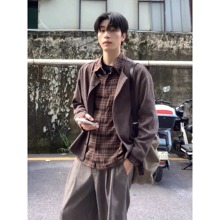 假两件格子衬衫拼接针织外套男款秋季cleanfit慵懒老钱风开衫毛衣