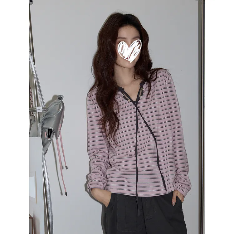 美式休闲粉色条纹圆领长袖T恤女2025秋季气质宽松显瘦内搭上衣