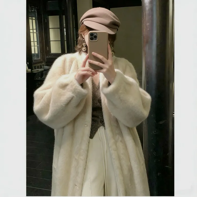 韩系氛围感软糯V领灯笼袖气质仿水貂大衣环保毛毛外套