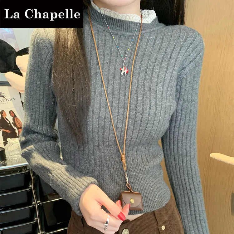 拉夏贝尔掐腰毛衣女短款小个子坑条针织衫内搭春秋打底衫修身上衣