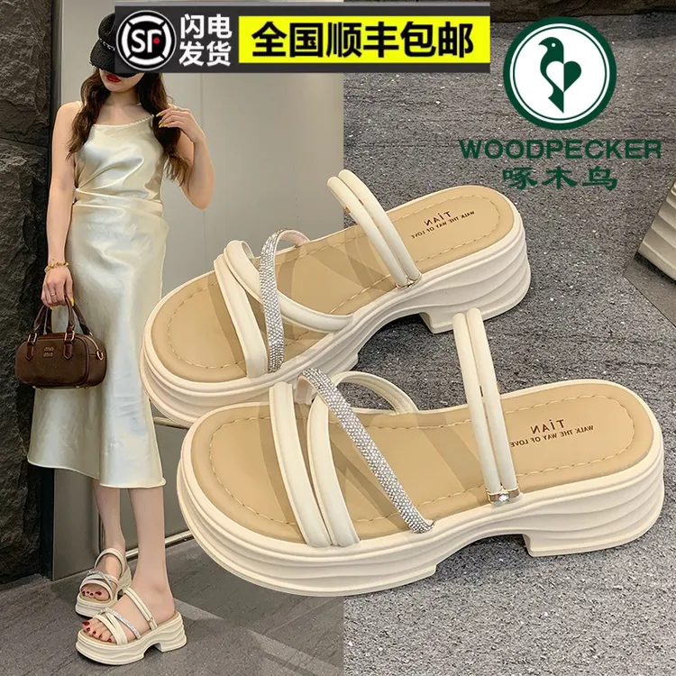 啄木鸟夏季外穿拖鞋女细带水钻松糕厚底显瘦罗马凉鞋百搭一字拖鞋
