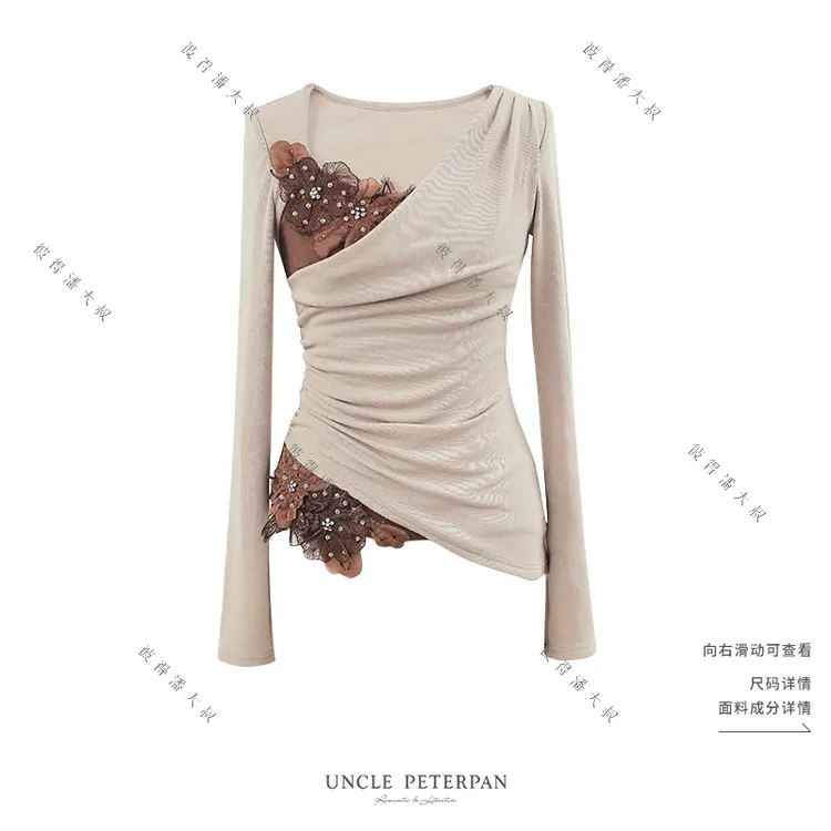 彼得潘大叔《巴黎花绪》立体手工花装饰腰间抽褶磨毛上衣