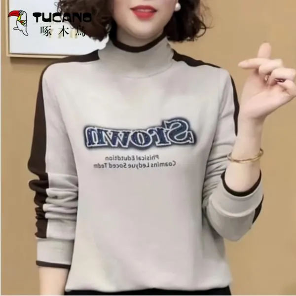 【啄木鸟】秋季新款拼接德绒打底衫上衣气质百搭长袖半高领卫衣女