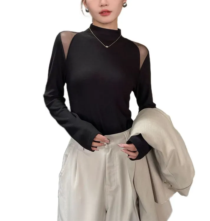 欧版宽松洋气拼纱半高领双肩镂空长袖T恤女设计感小众打底衫上衣