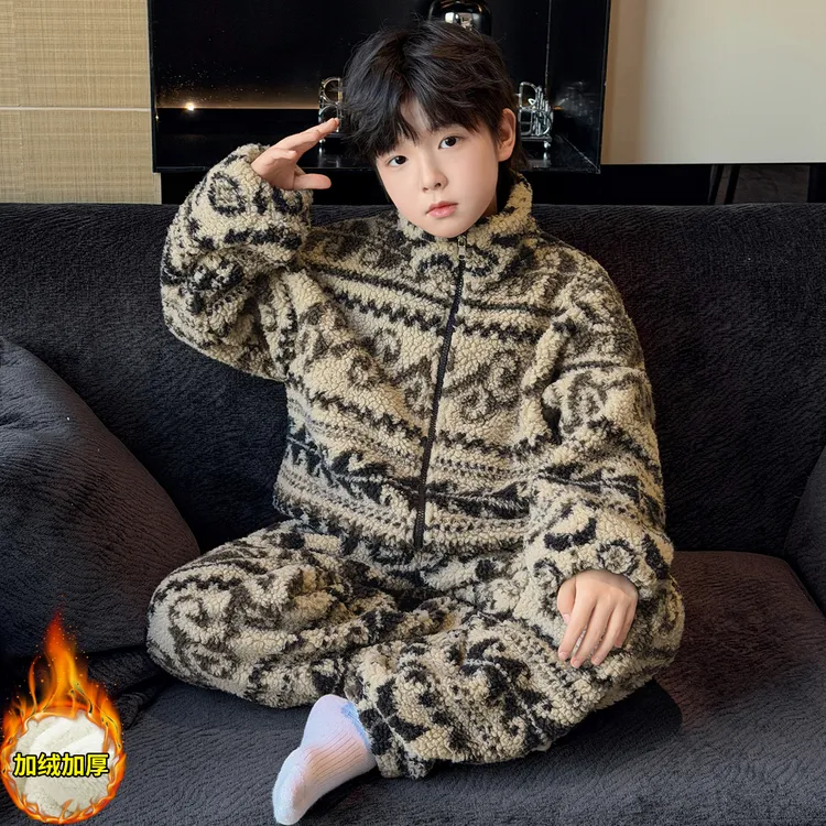 儿童装男童睡衣秋冬款加绒法兰绒加厚男孩冬季家居服中大童珊瑚绒