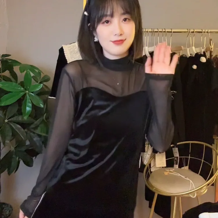 蕾丝半高领丝绒拼接时尚修身长袖打底小衫气质网纱上衣