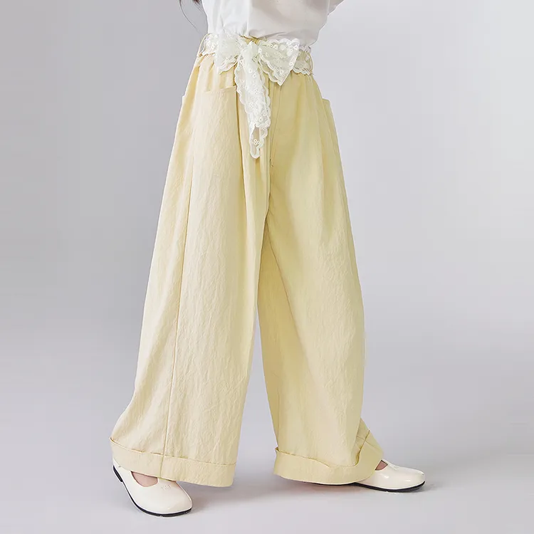 笛莎女童夏季蕾丝系带休闲裤儿童洋气宽松阔腿裤欧若风-9M252A401