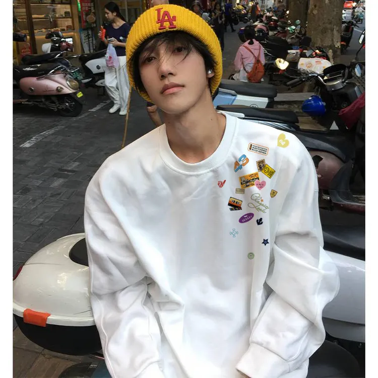 美式创意贴纸印花纯棉长袖T恤男秋季ins潮牌百搭宽松情侣休闲上衣
