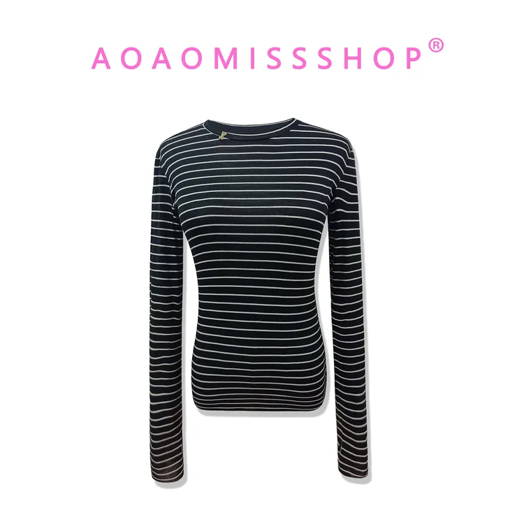 【黑色条纹圆领天丝羊毛】AOAOMISSSHOP 鳌鳌家/长袖打底衫上衣46-3