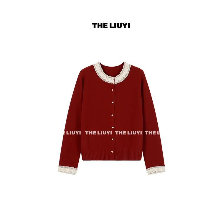 【LIUYI】全羊毛蕾丝花边圆领钉珠针织毛衣开衫512183