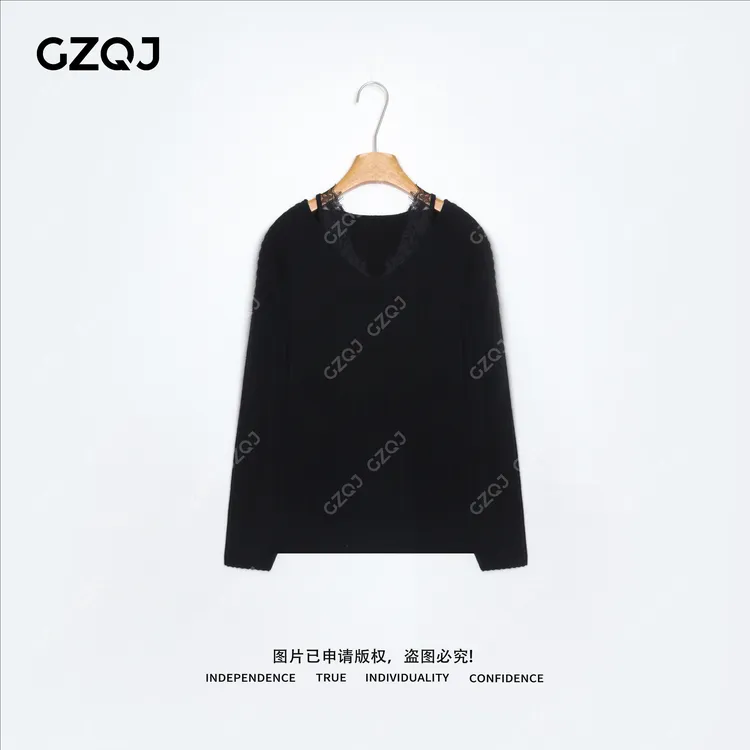 老琴私服 【浪漫密语】绵羊毛性感风蕾丝V领针织衫女冬季新款 35301