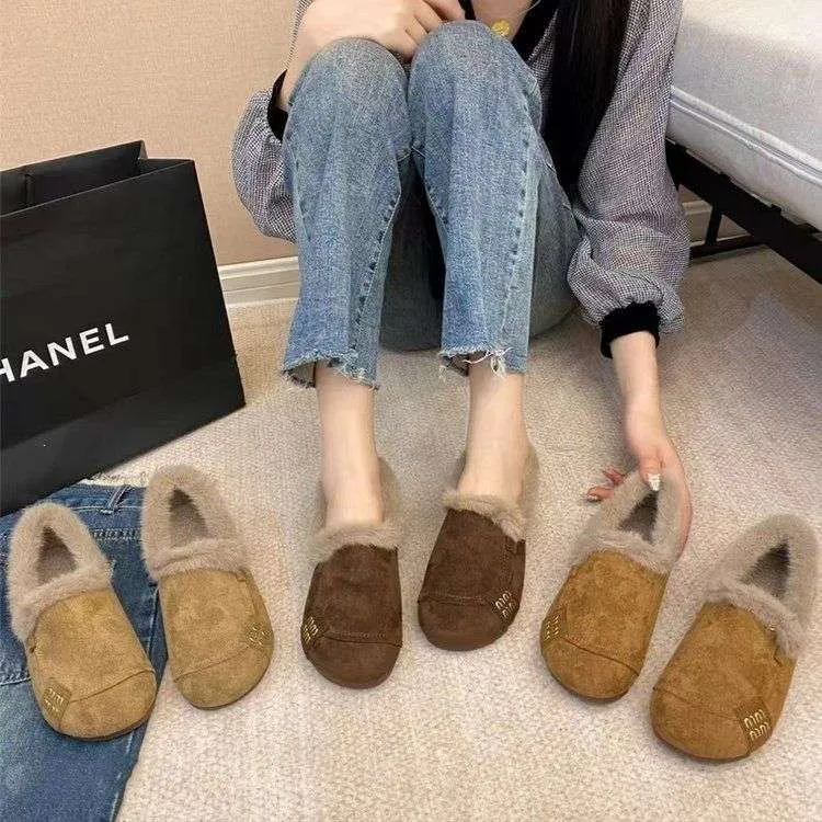 冬季新款平底保暖复古大码女鞋一脚蹬加绒豆豆鞋外穿棉鞋毛毛