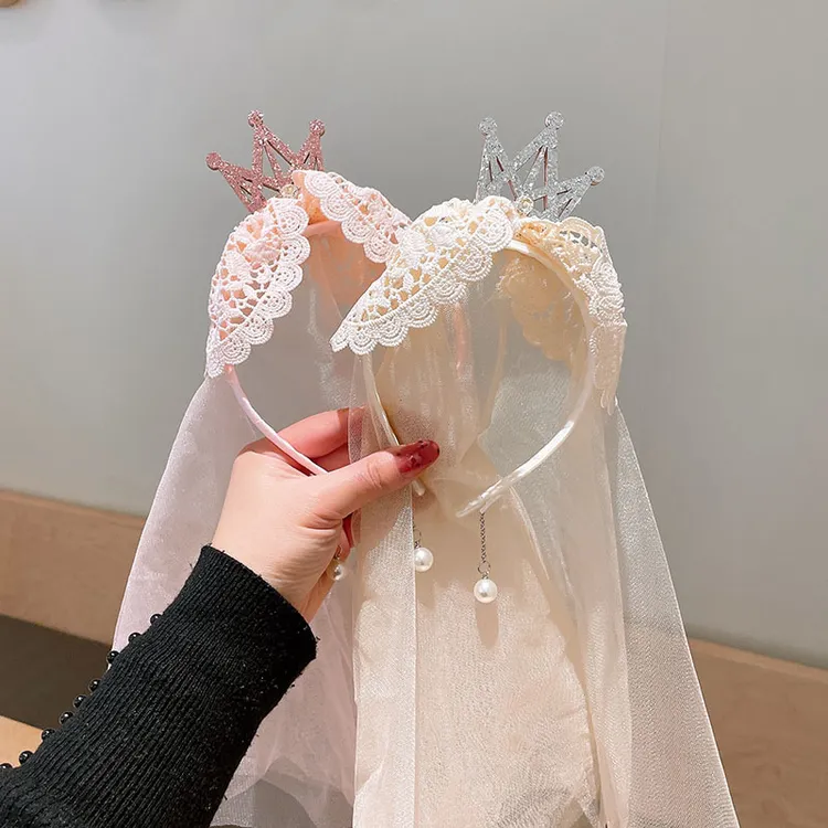 女童甜美生日发箍公主宝宝皇冠头纱发饰超仙女童流苏蕾丝发卡