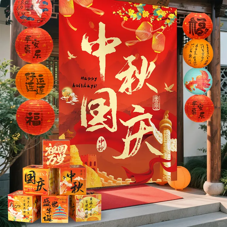 中秋国庆节氛围感海报条幅场景装饰布置商场门店打卡拍照背景挂布