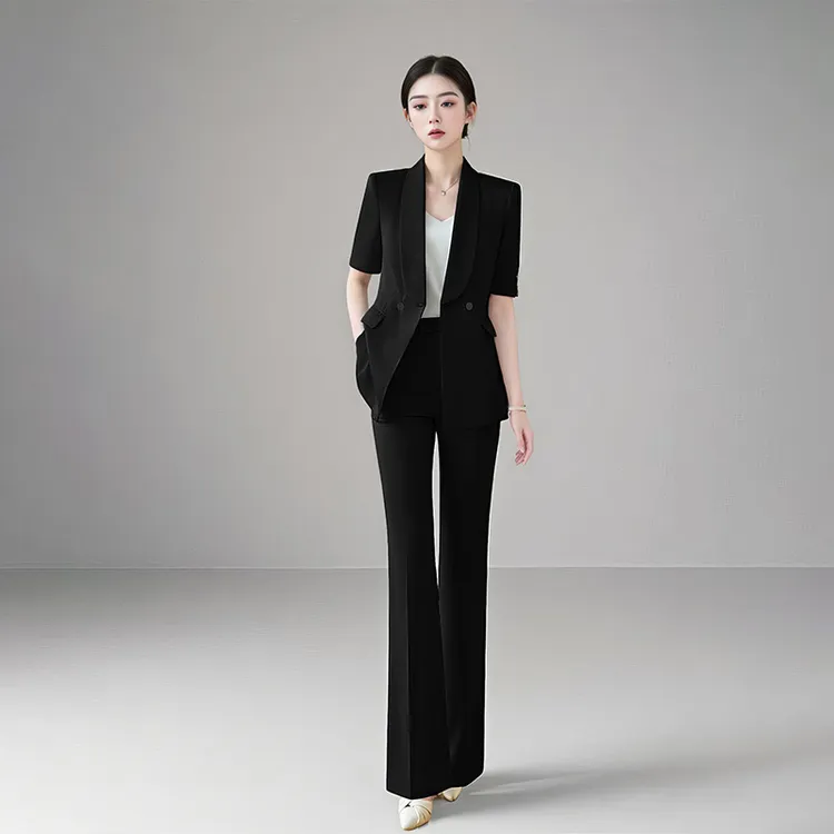 职业微喇裤套装女黑色薄款干练气质西装正装修身显瘦轻职场工作服