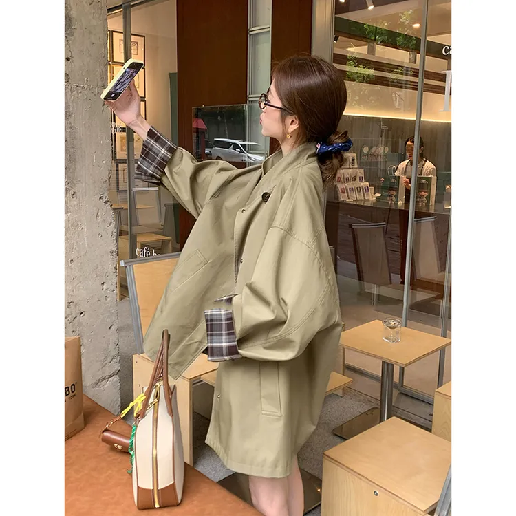 韩版高级经典撞色风衣外套女秋季新款廓形显瘦宽松英伦风气质大衣