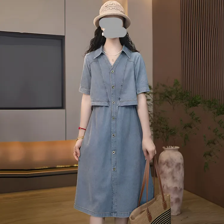 2026夏季新款时尚休闲翻领假两件连衣裙韩版宽松显瘦中长款牛仔裙