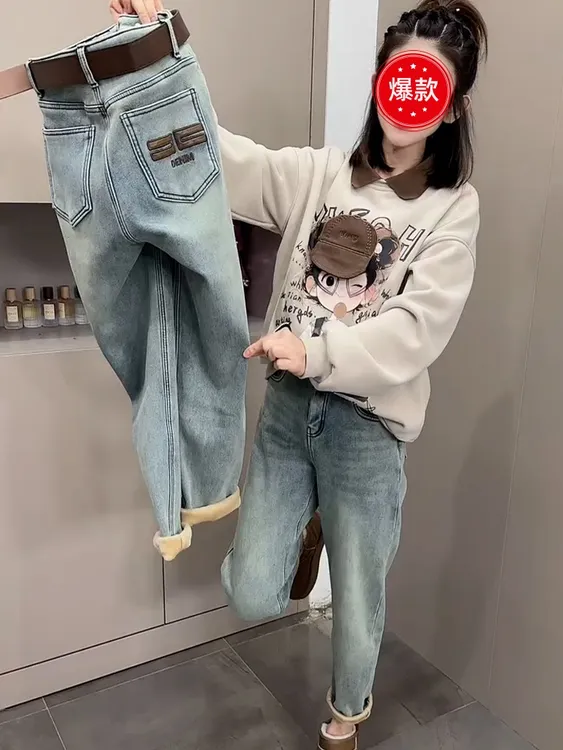 冬季弹力九分老爹牛仔裤女2024新款小个子大码加绒高腰显瘦哈伦裤