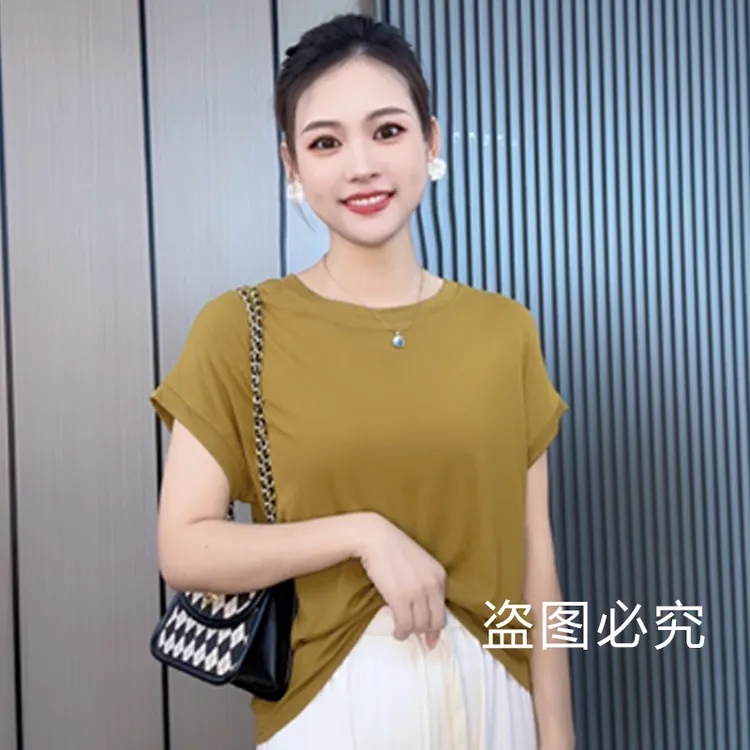 夏季圆领蝙蝠袖t恤女纯色简约休闲百搭宽松短袖大码上衣#3700