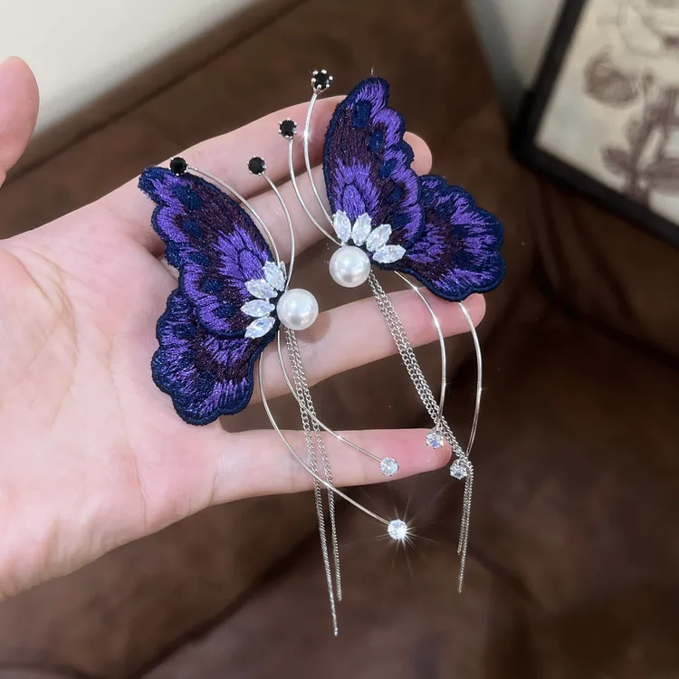 铜合金布艺耳饰 【紫蝶幽梦】复古紫色蝴蝶流苏耳钉高级感气质耳环