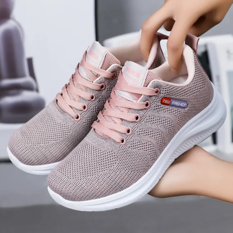 鞋子女新款飞织透气休闲鞋浅口系带网鞋软底舒适妈妈单鞋轻便低帮
