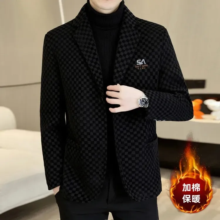 运动风秋冬新款呢子西装外套男士短款西服风衣休闲男装加绒加厚毛